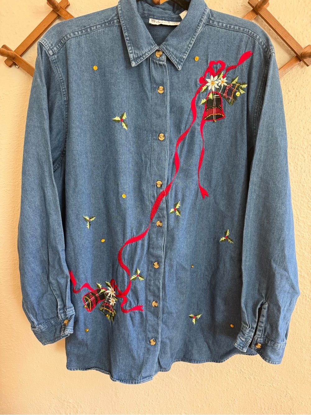 Vintage Denim Embroidered Holiday Shirt - Blue with Red Ribbon Detail